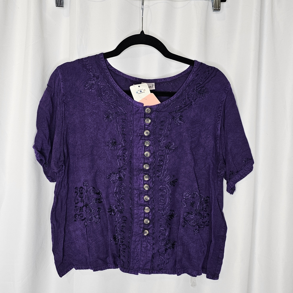 Purple Boxy Short Sleeve Button Down Shirt